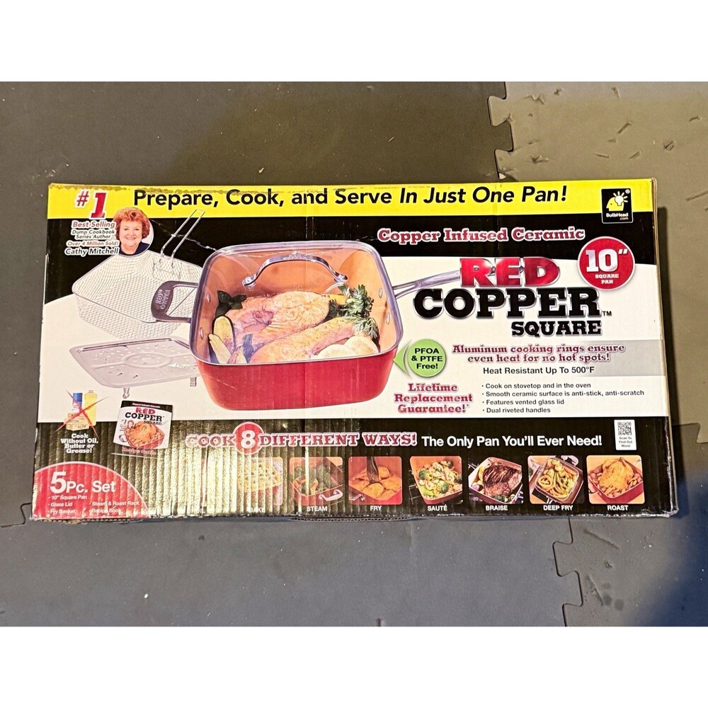 BulbHead Red Copper Square 10in Ceramic Nonstick Pan Set w/ Lid & Basket